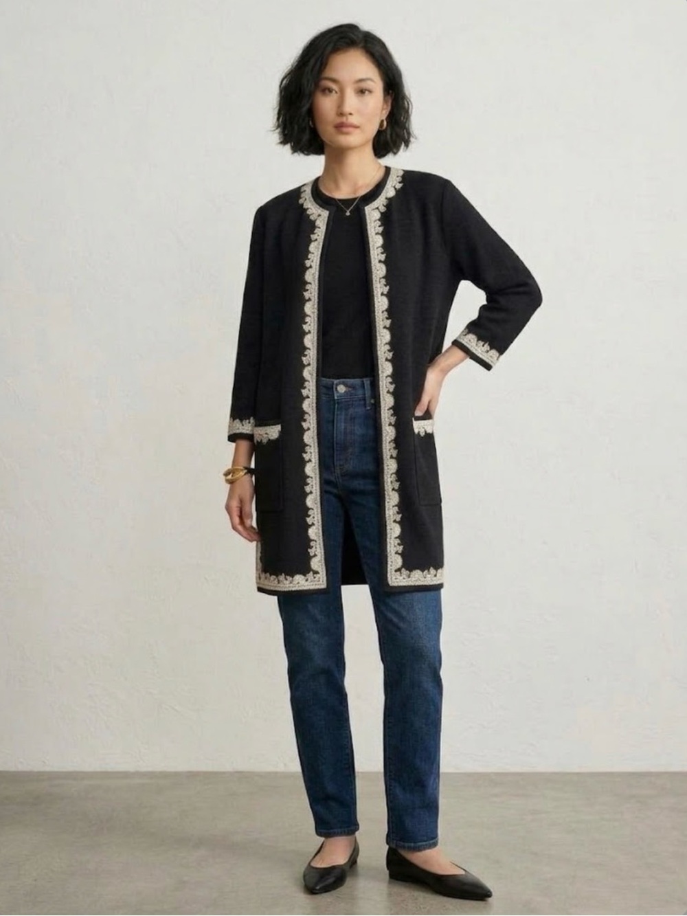 Vintage Simon Chang Duster with Embroidered Trim
